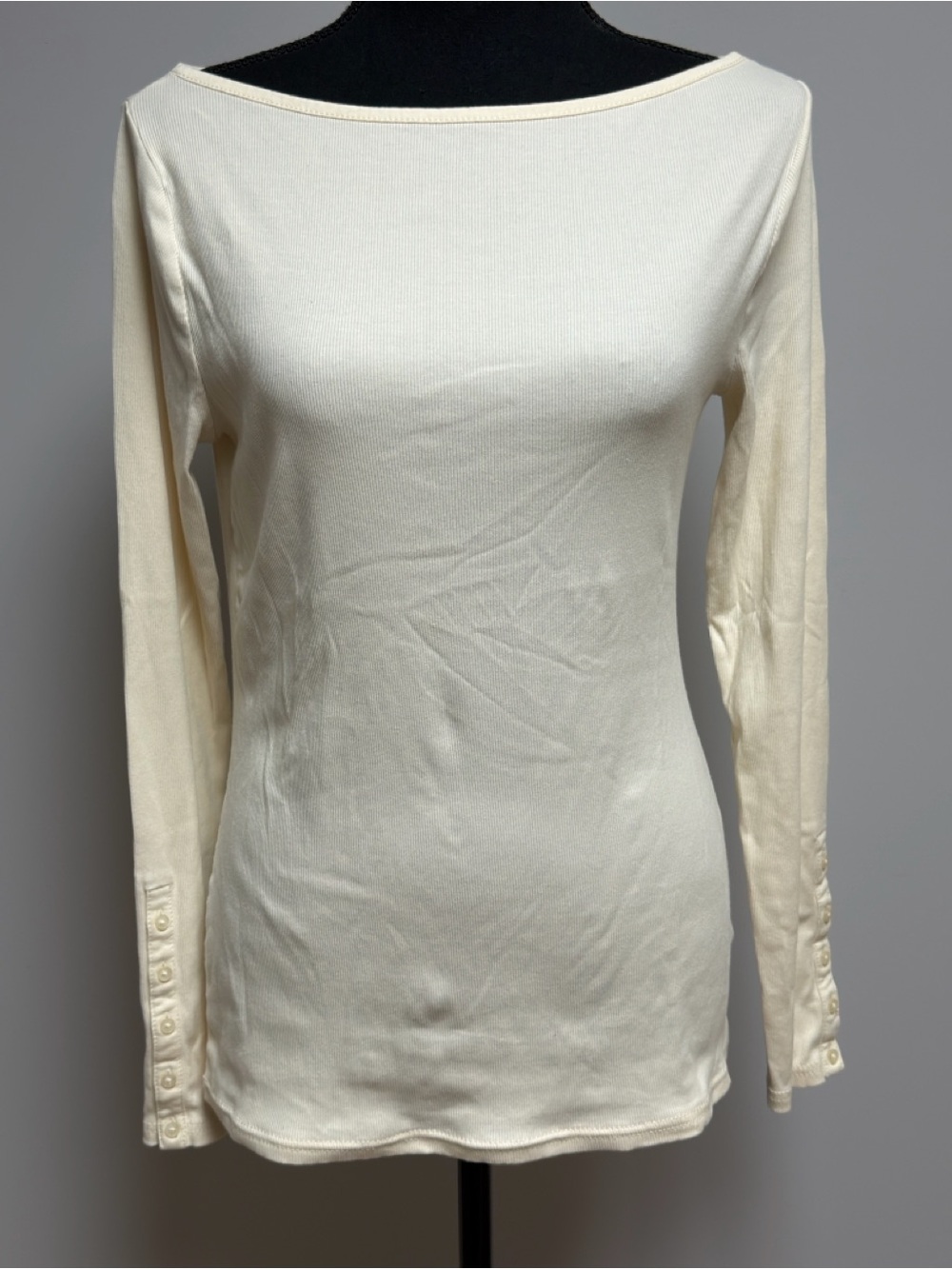 Lauren Ralph Lauren Cream Ribbed Boatneck Top Long Sleeve Button Cuff Large